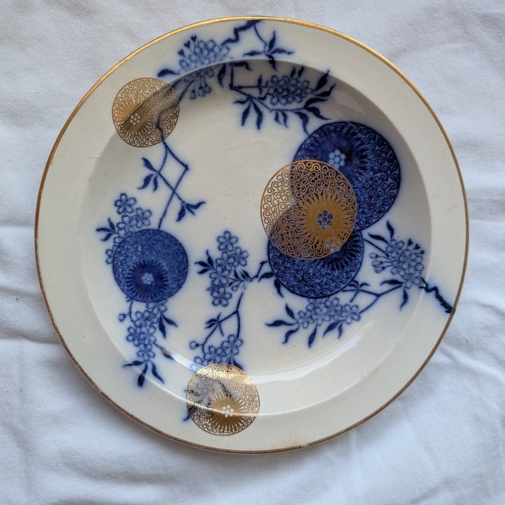 Antique Royal Doulton Persian Spray Blue Floral Gold Detail Large Rim Soup Bowl
